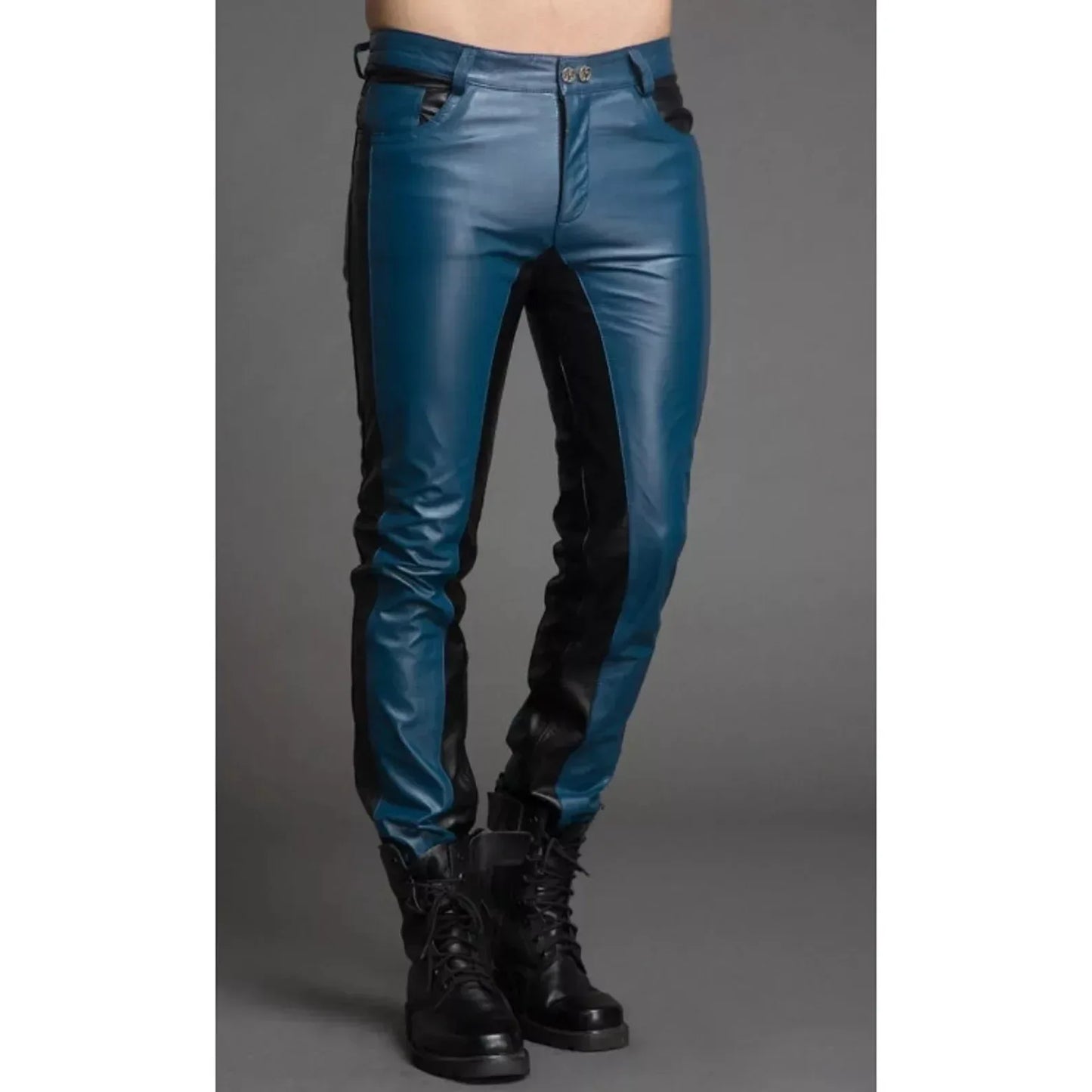 Blue leather pants mens slim fit two tone trouser