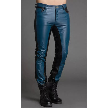 Blue leather pants mens slim fit two tone trouser