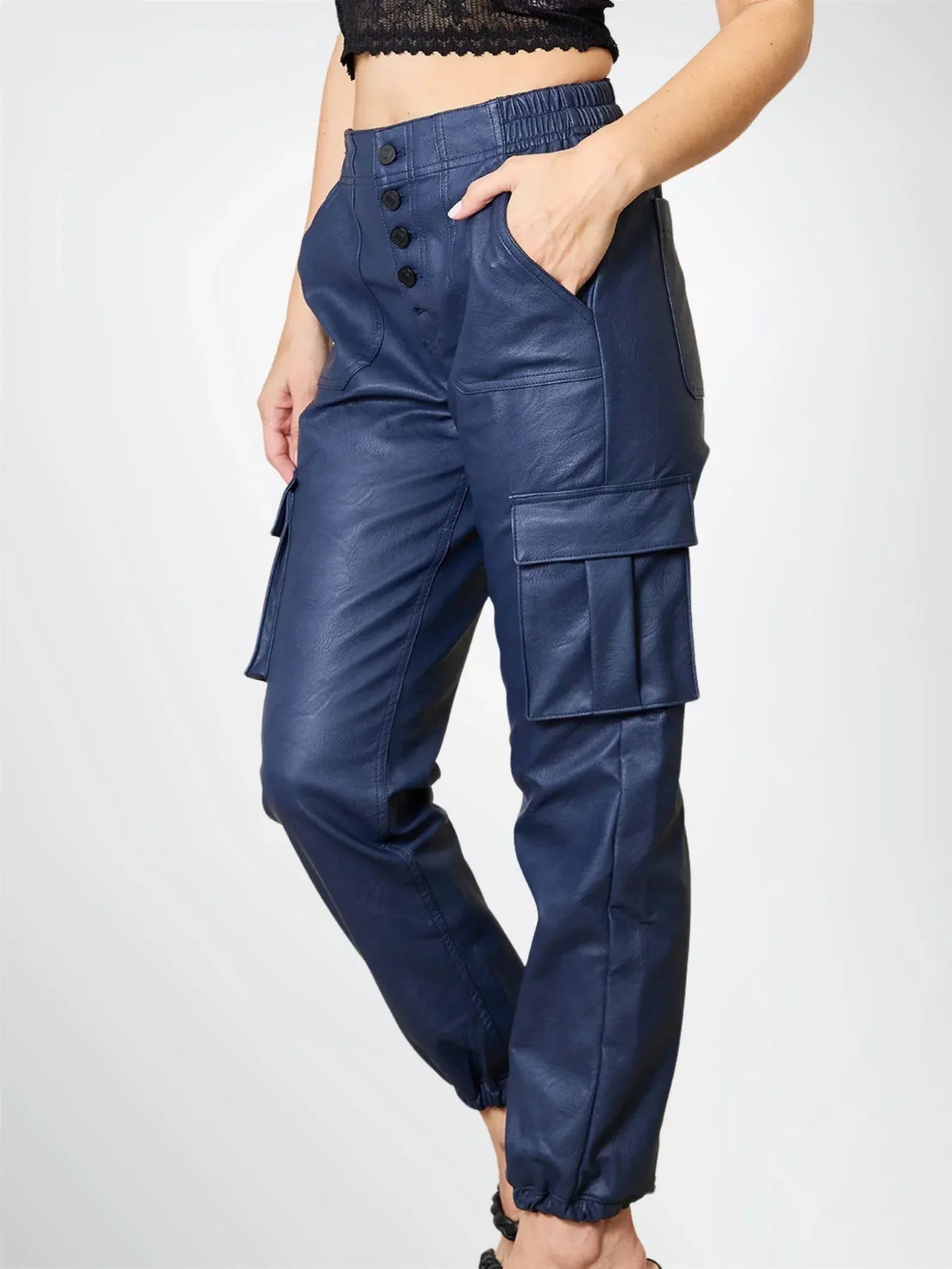 women genuine leather pants sheepskin cargo high waist blue