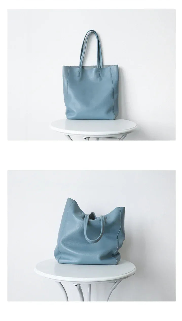 Genuine Leather Tote Bag for Women in Soft Blue with Wallet