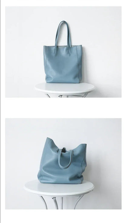 Genuine Leather Tote Bag for Women in Soft Blue with Wallet