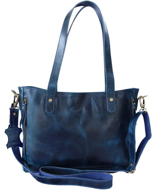 Blue Leather Tote Handbag for Women Work Purse
