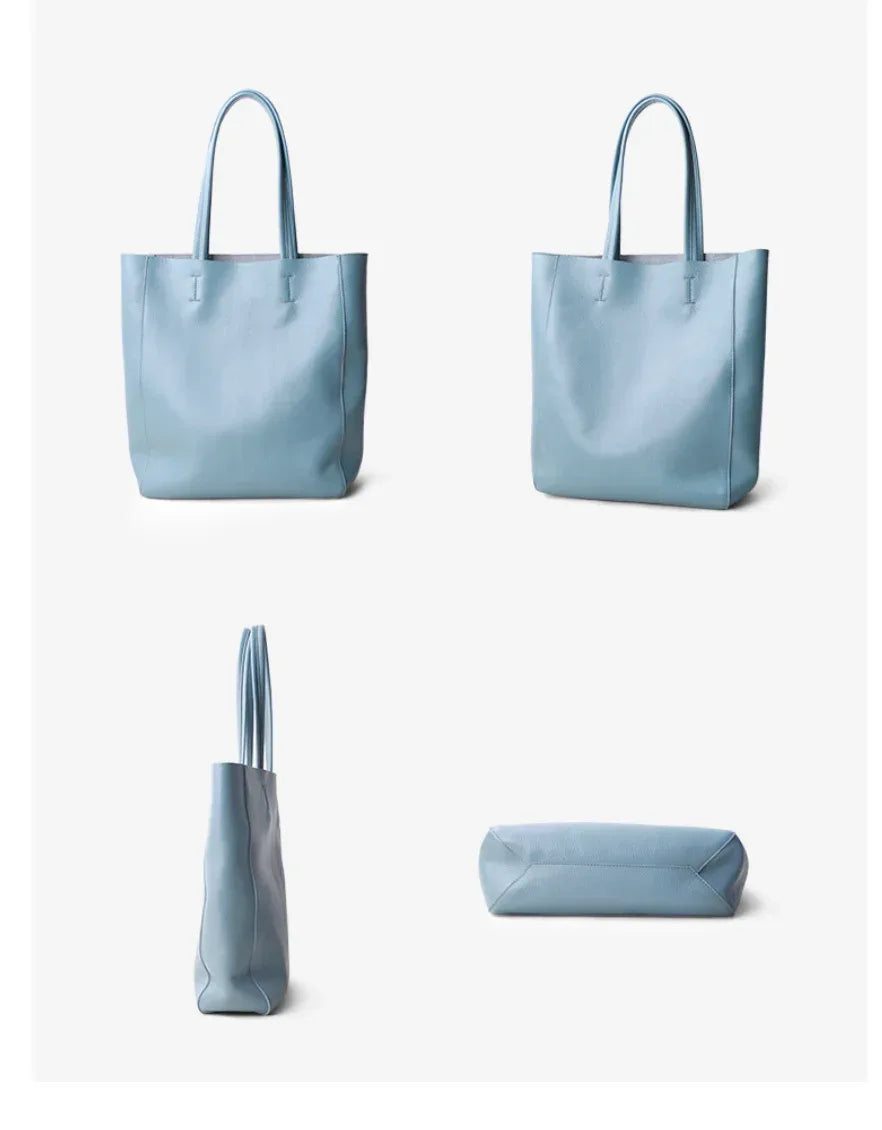Genuine Leather Tote Bag for Women in Soft Blue with Wallet