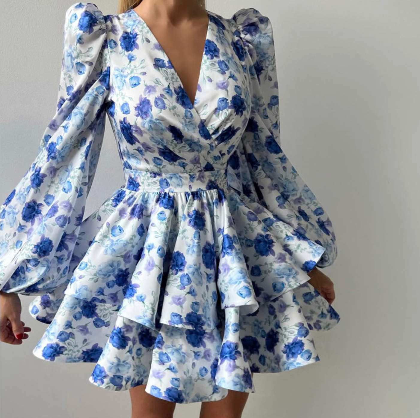 Blue floral layered puff sleeve mini dress