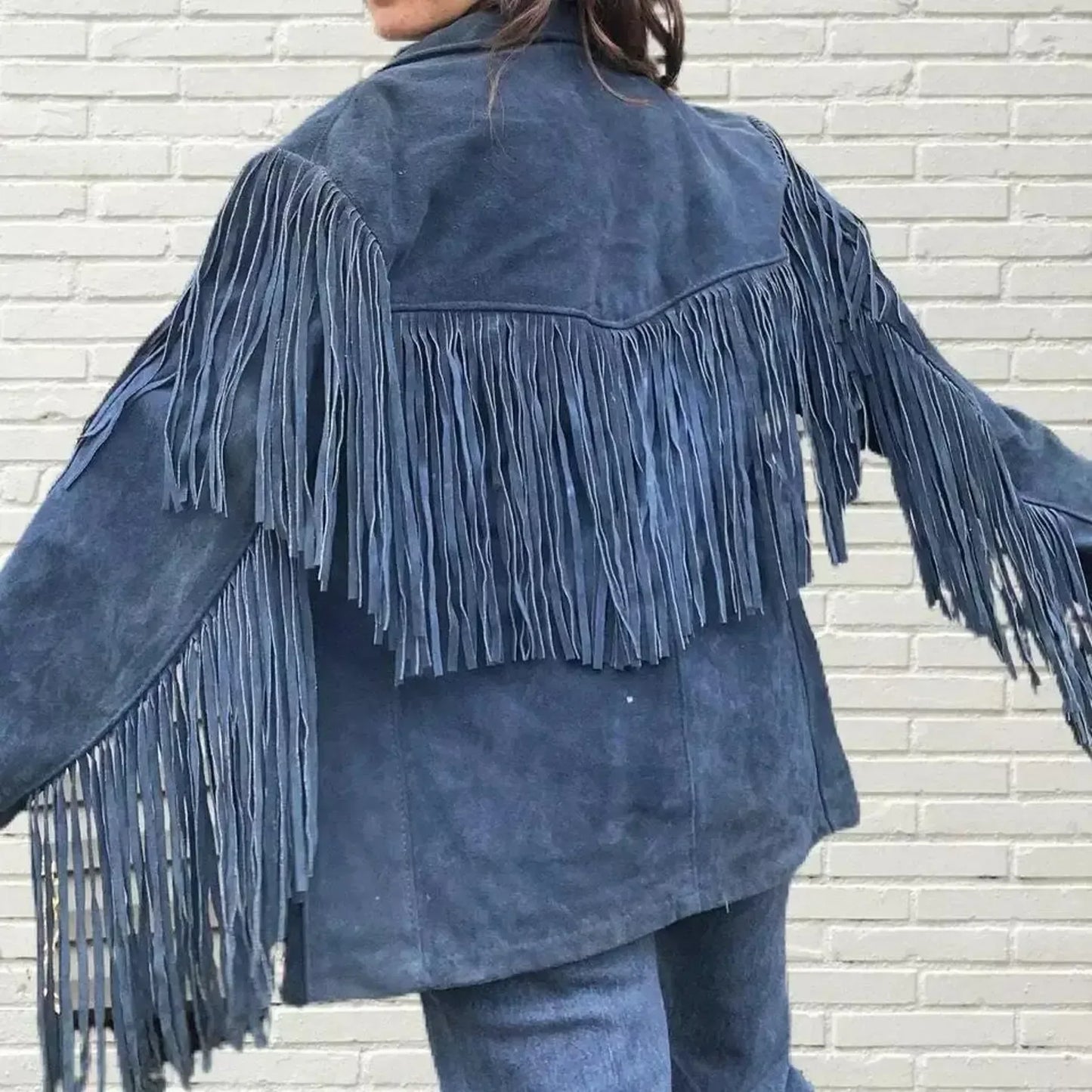 Blue Suede Fringe Jacket Women Western Cowgirl Leather Coat