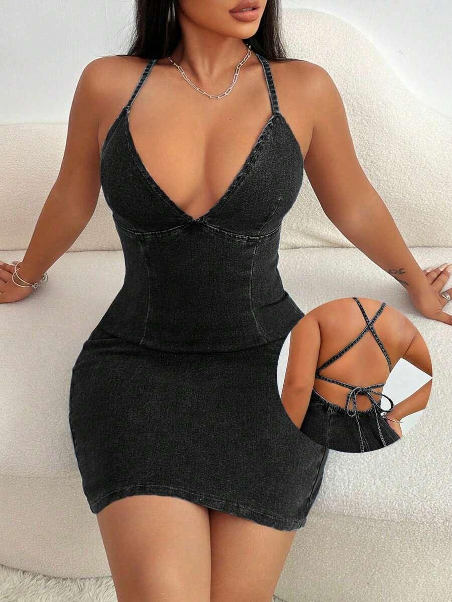 mini denim dress sleeveless skin fit bodycon open back outfit women