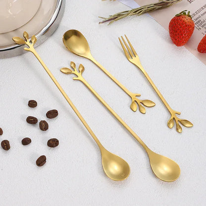 Boho Cutlery Set Stainless Steel Leaf Handle Dessert Fork and Spoon Set of Gold