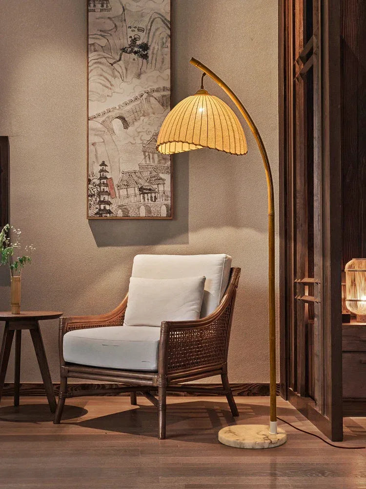 Boho Bamboo Arc Floor Lamp Rattan Shade Living Room
