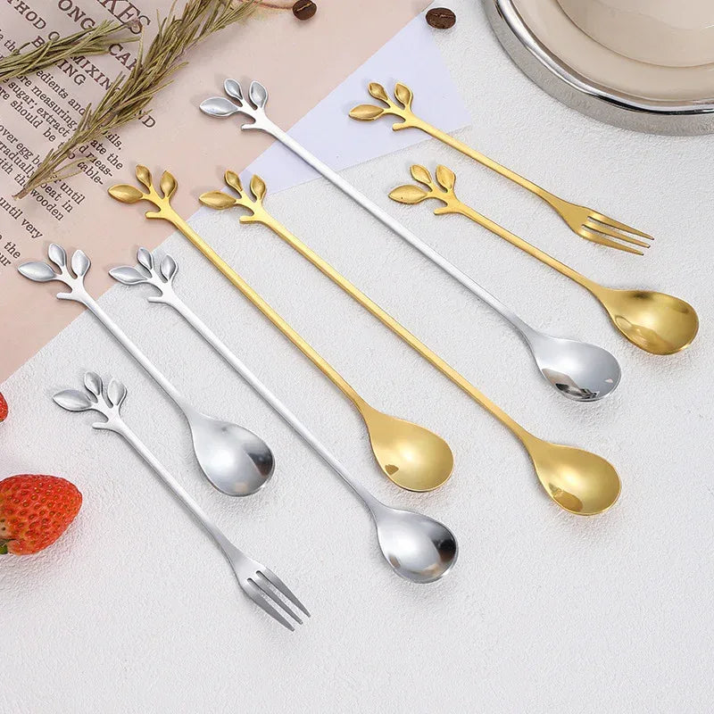 Boho Cutlery Set Stainless Steel Leaf Handle Dessert Fork and Spoon Set of Gold And Silver