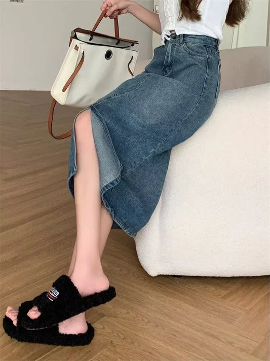 Boho Denim Maxi Skirt High Waist with Front Slit
