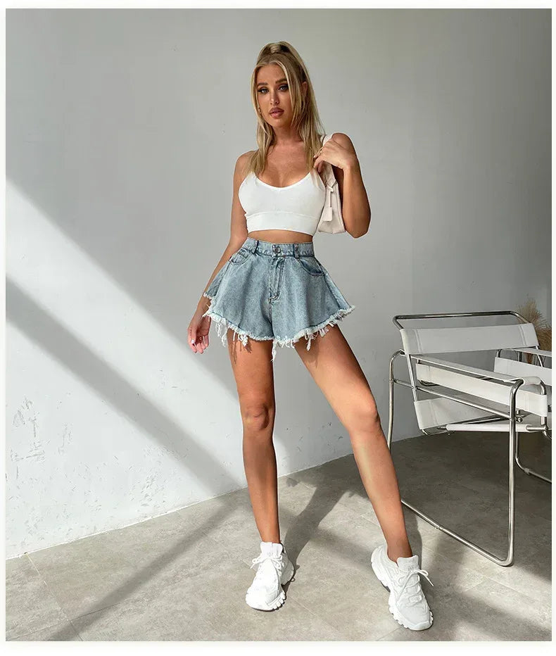 Boho Denim Mini Skirt High Waist Light Wash