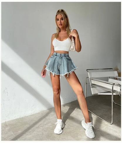 Boho Denim Mini Skirt High Waist Light Wash