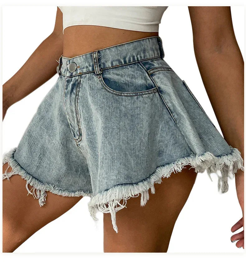 Boho Denim Mini Skirt High Waist Light Wash