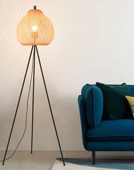 Boho Rattan Standing Floor Lamp for Living Room