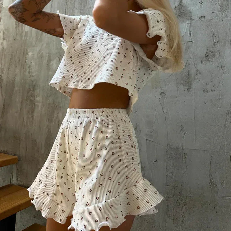 Ruffle Hem Short Sleeve Pajama Set for Women