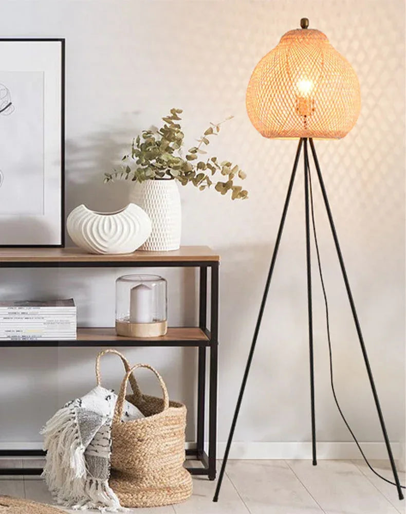 Boho Rattan Standing Floor Lamp for Living Room
