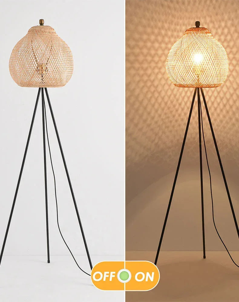 Boho Rattan Standing Floor Lamp for Living Room