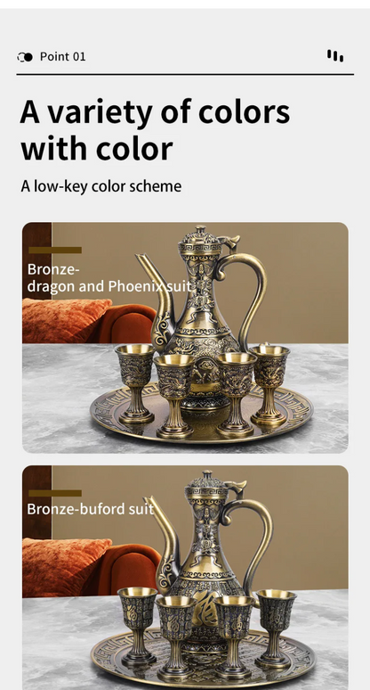 Antique bronze dragon phoenix wine serving set