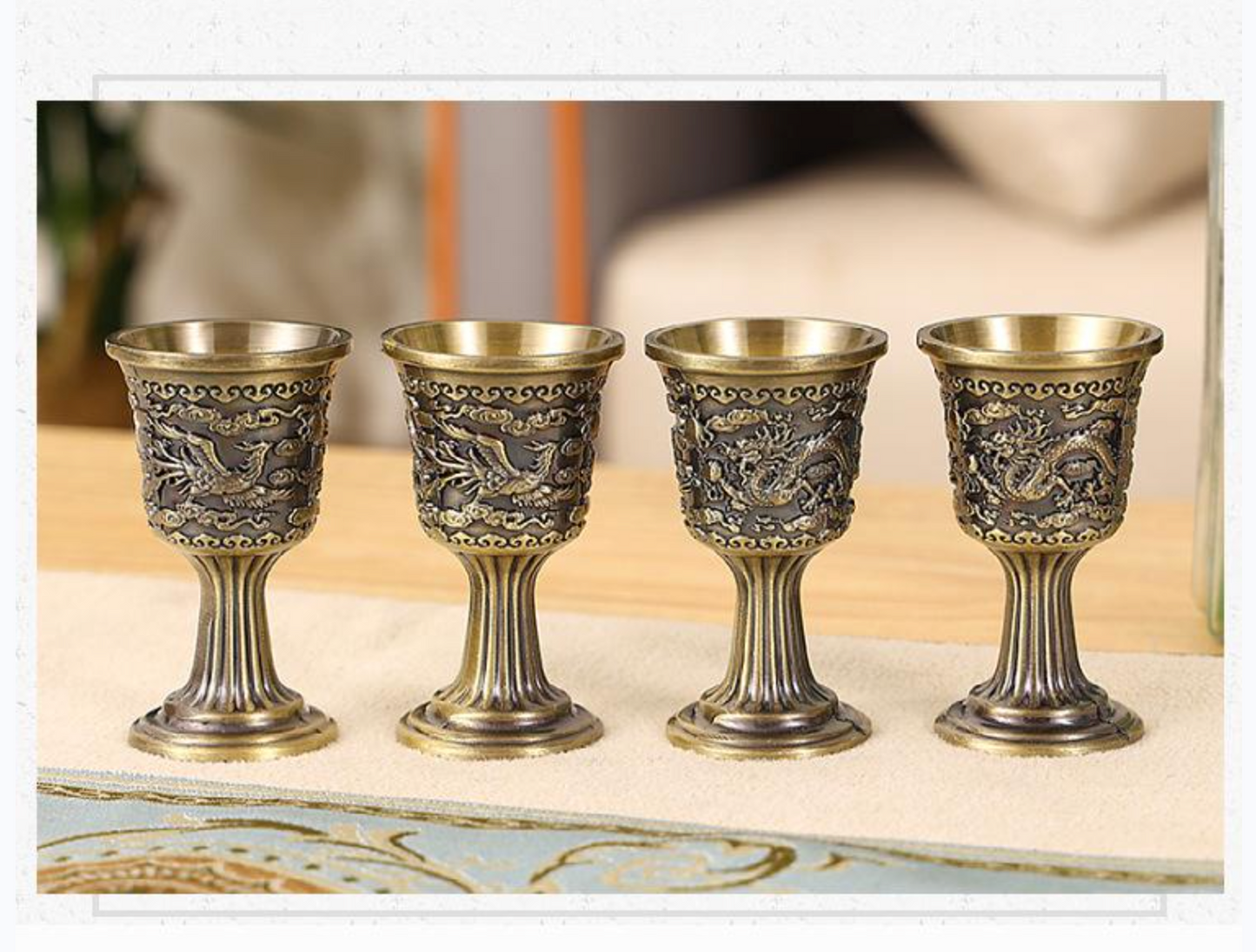 Bronze dragon phoenix wine cup set vintage zinc alloy goblets