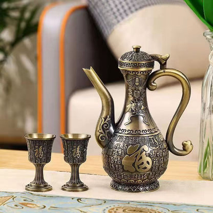 Antique bronze dragon phoenix wine serving set