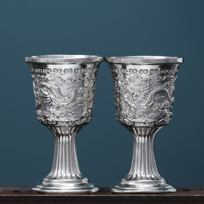 Bronze dragon phoenix wine cup set vintage zinc alloy goblets 2