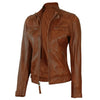 Vintage Brown Leather Jacket Women Slim Fit Biker Style