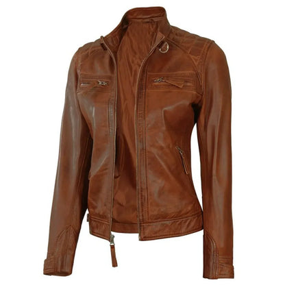 Vintage Brown Leather Jacket Women Slim Fit Biker Style