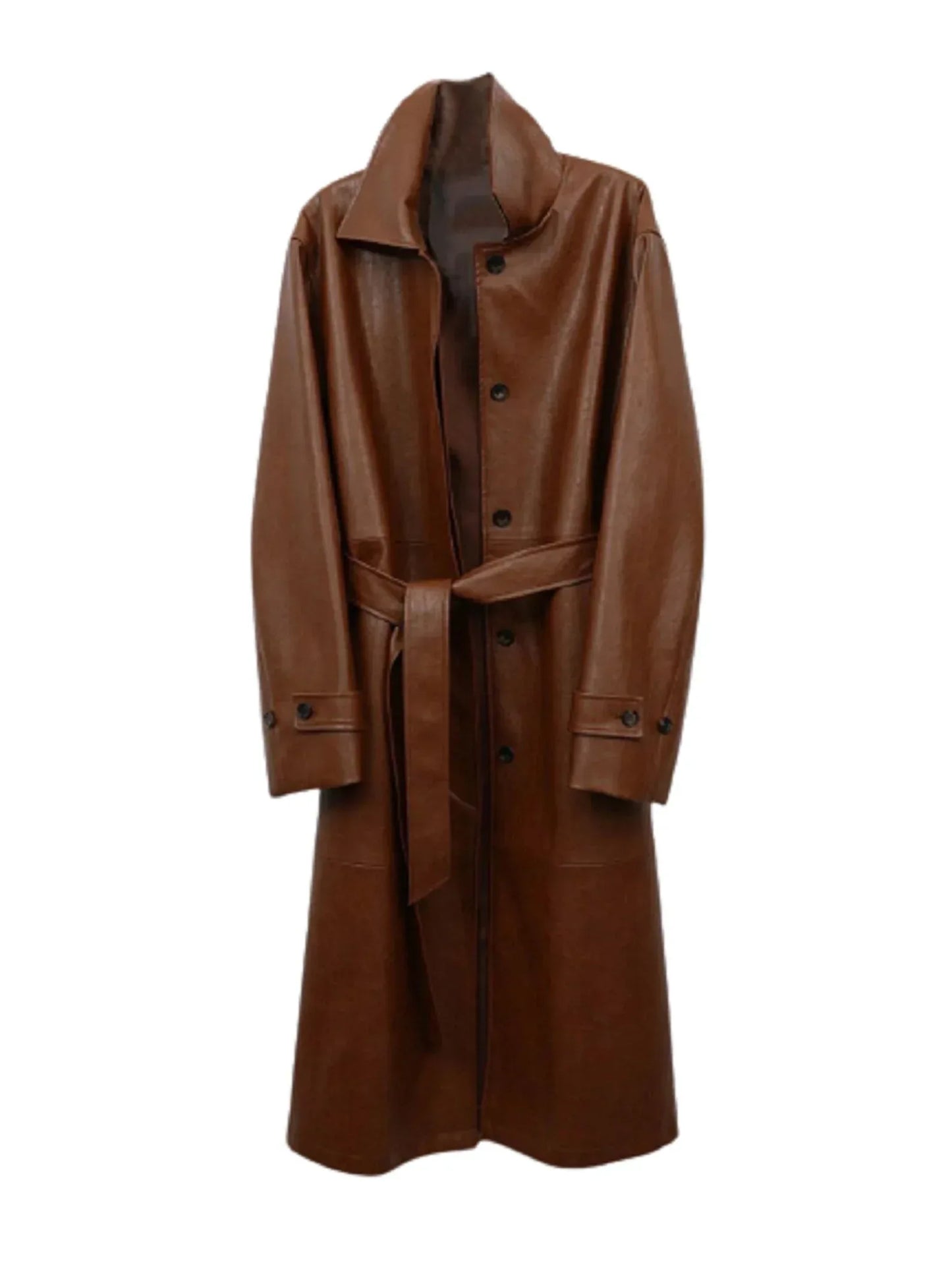 Belted Leather Trench Coat Womens Brown Long Waist Coat