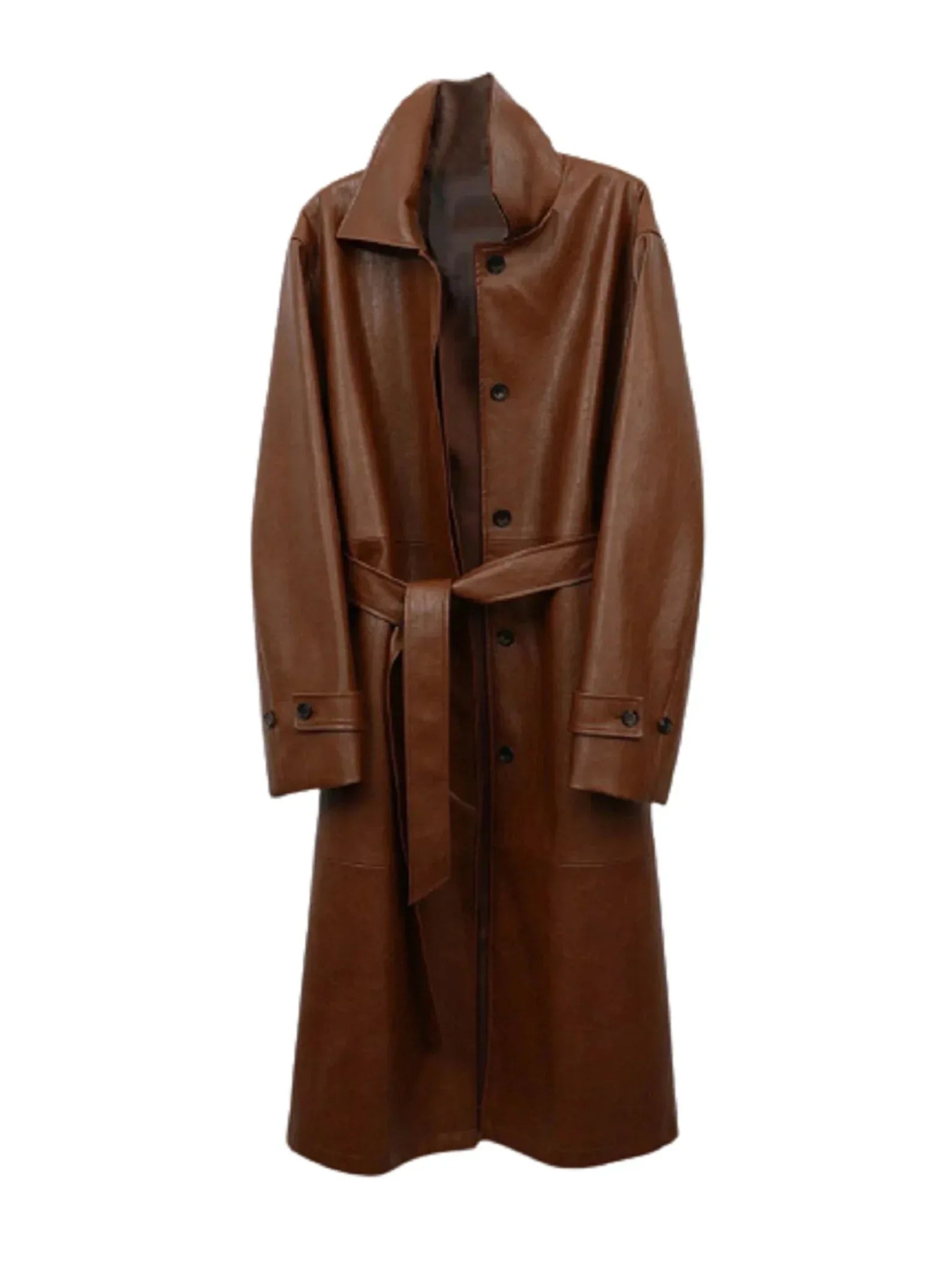 Belted Leather Trench Coat Womens Brown Long Waist Coat