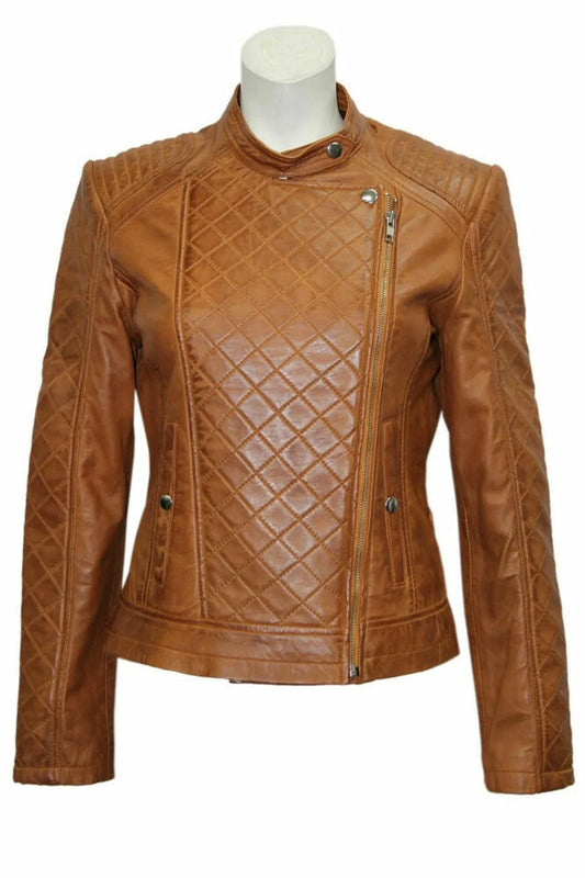 Brown Leather Jacket Women Slim Fit Quilted Biker