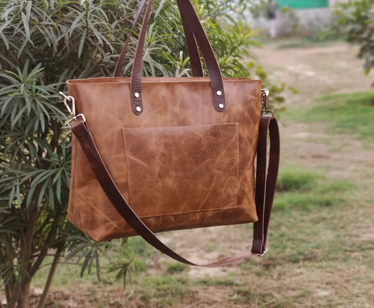 Brown leather tote bag for women large work tote