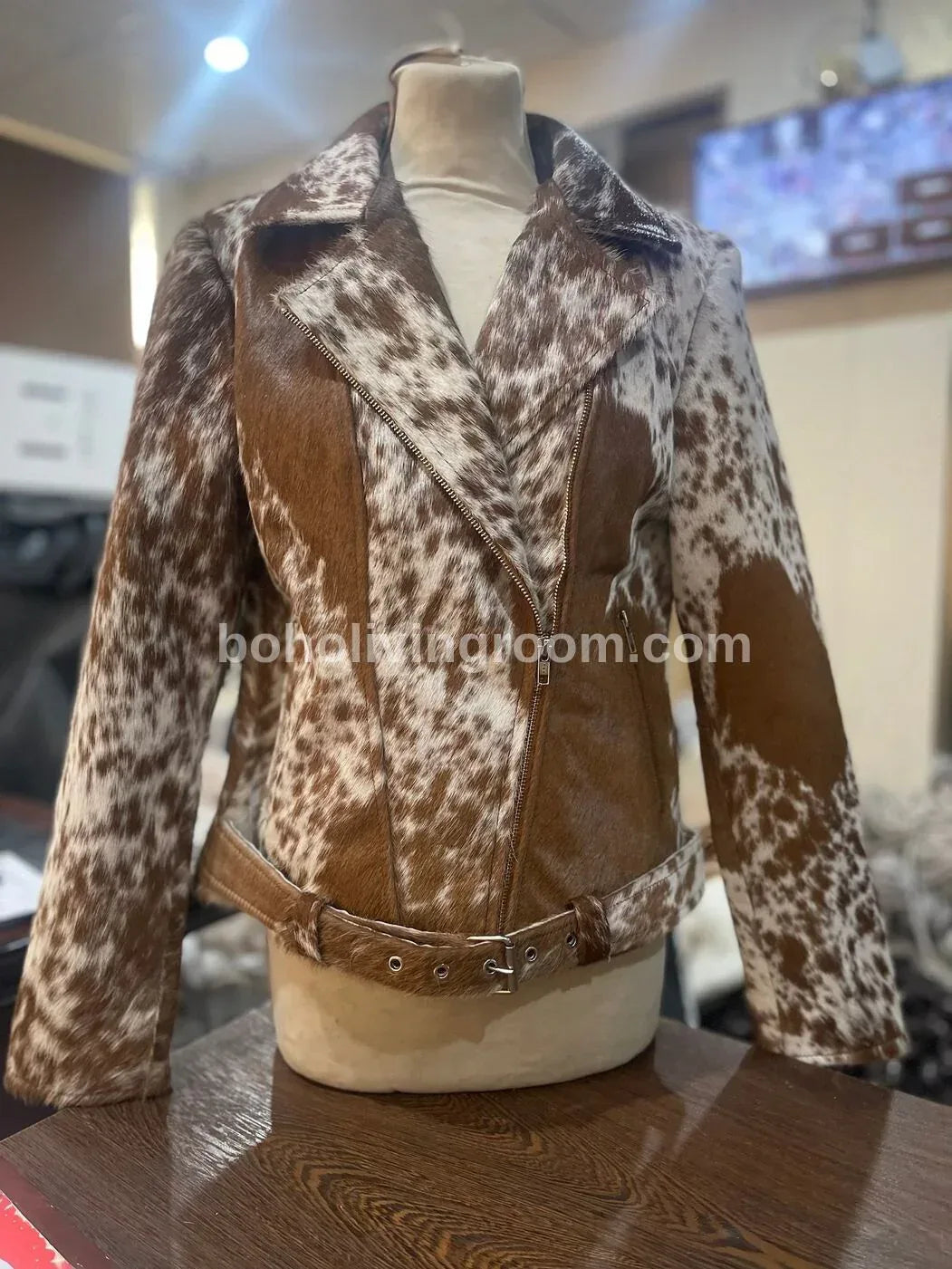 Brown White Cowhide Jacket Womens Hair On Hide Leather Jacket