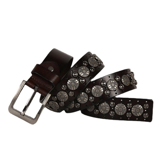 Wide Leather Belt with Silver Studs and Aztec Rivets