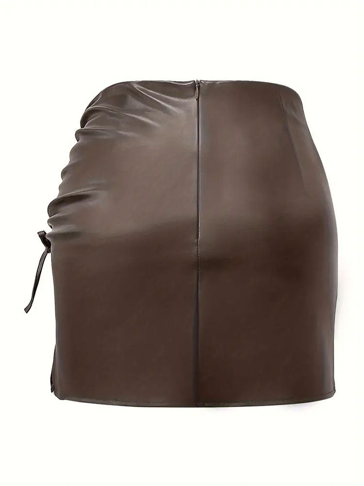 Black Faux Leather High Waisted Mini Skirt with Drawstring Slit