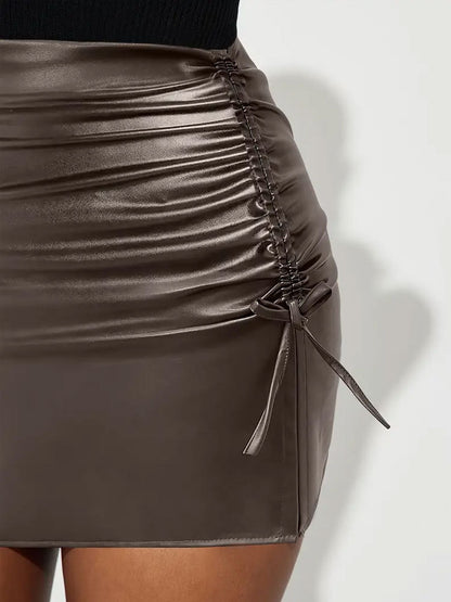 Black Faux Leather High Waisted Mini Skirt with Drawstring Slit