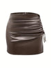 Black Faux Leather High Waisted Mini Skirt with Drawstring Slit