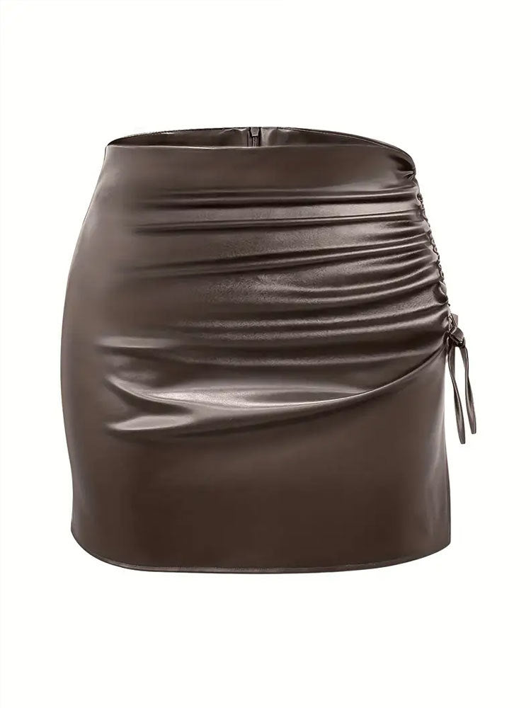 Black Faux Leather High Waisted Mini Skirt with Drawstring Slit
