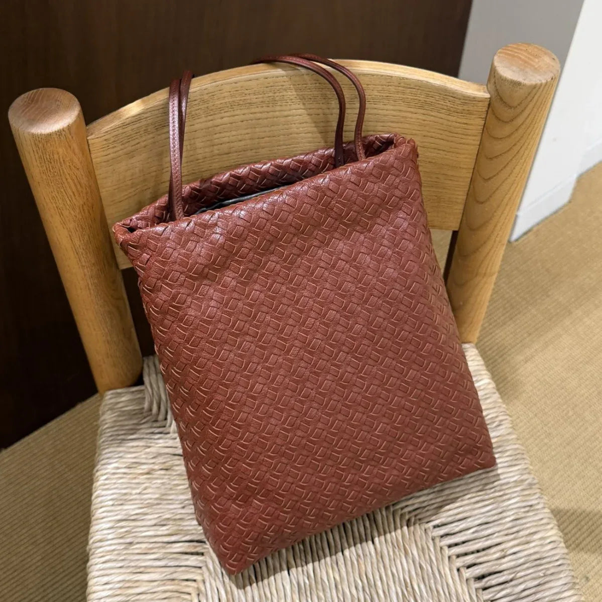 women leather woven tote bag for commuting