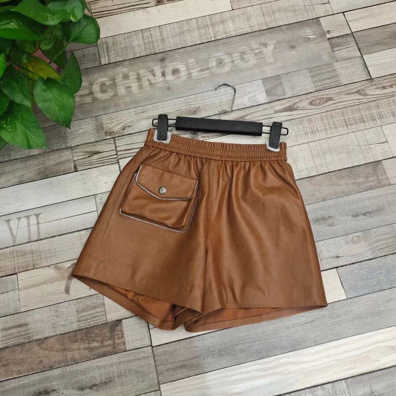 Genuine leather high waisted women shorts Brown S
