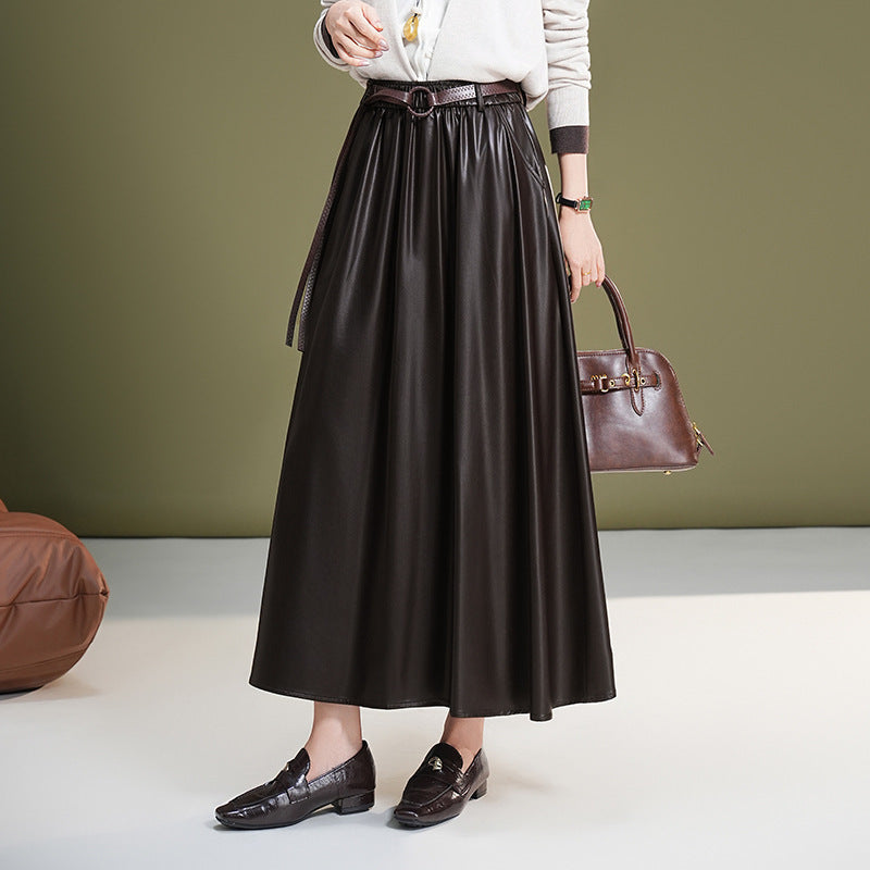 Leather maxi skirt with belt