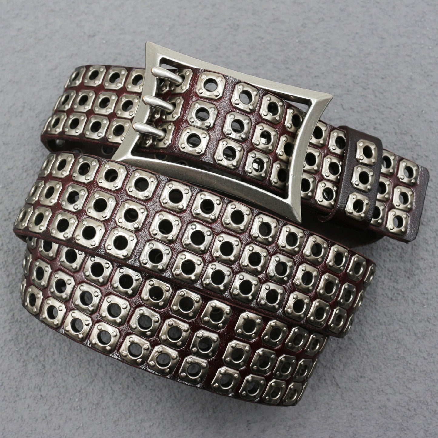 Punk studded wide leather belt with rivets Brown 105 cm