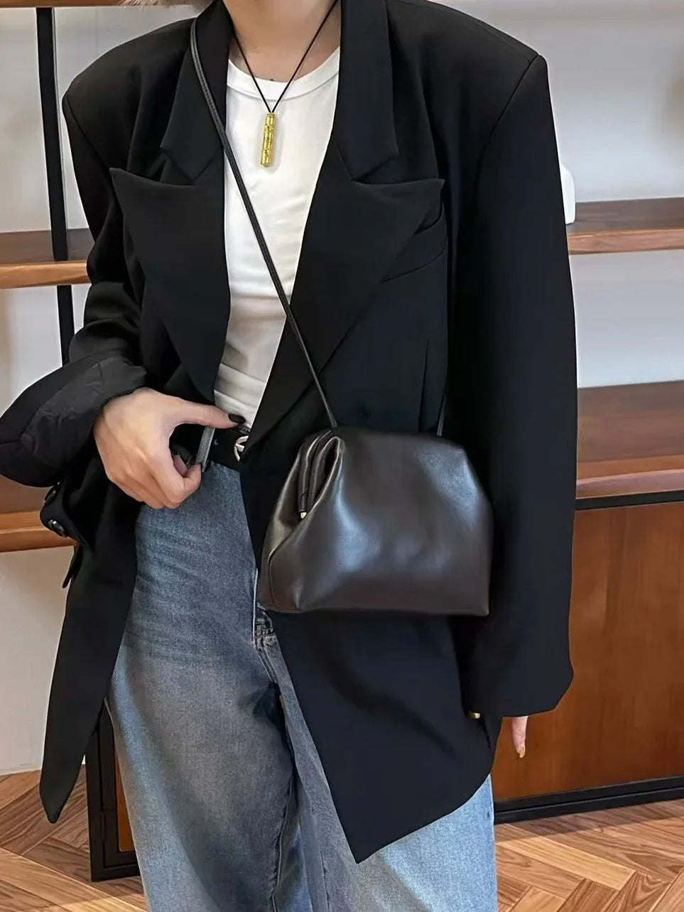 Premium Sheepskin Leather Underarm Cloud Bag Brown