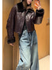 Genuine waxed sheepskin leather jacket with fur Brown S