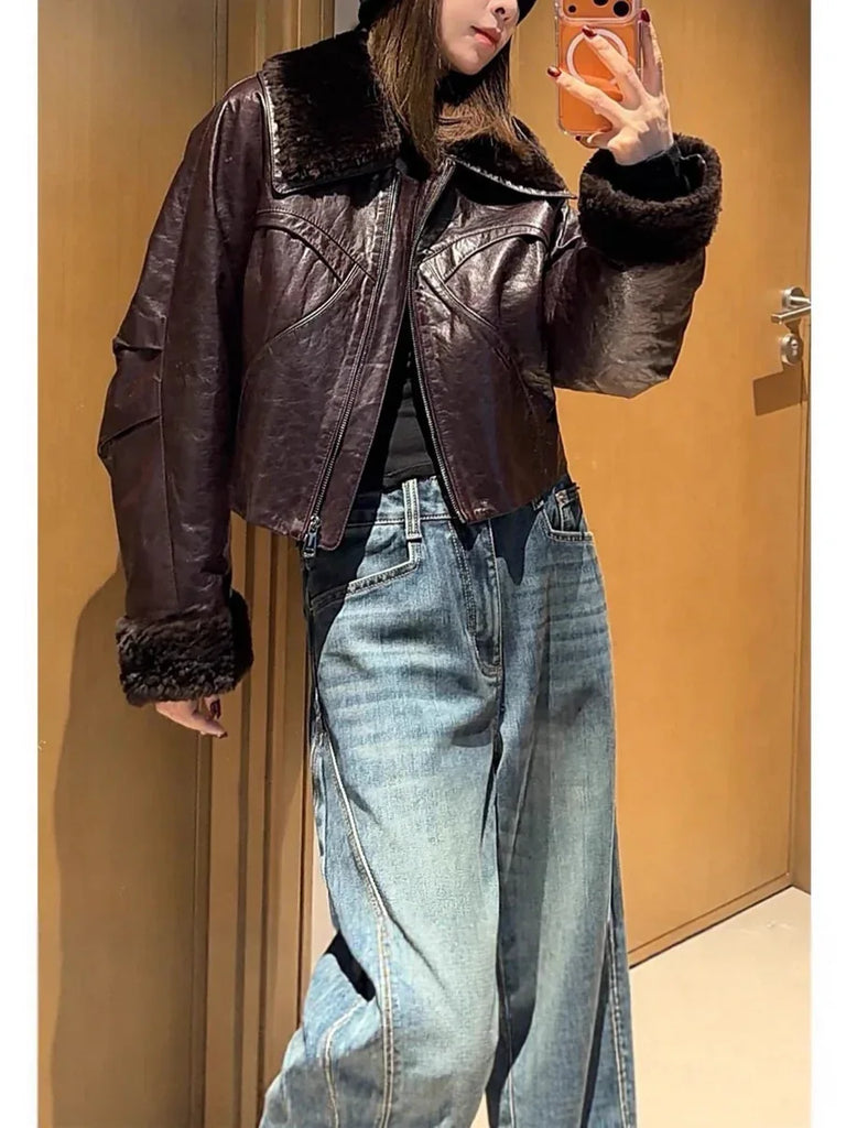 Genuine waxed sheepskin leather jacket with fur Brown S