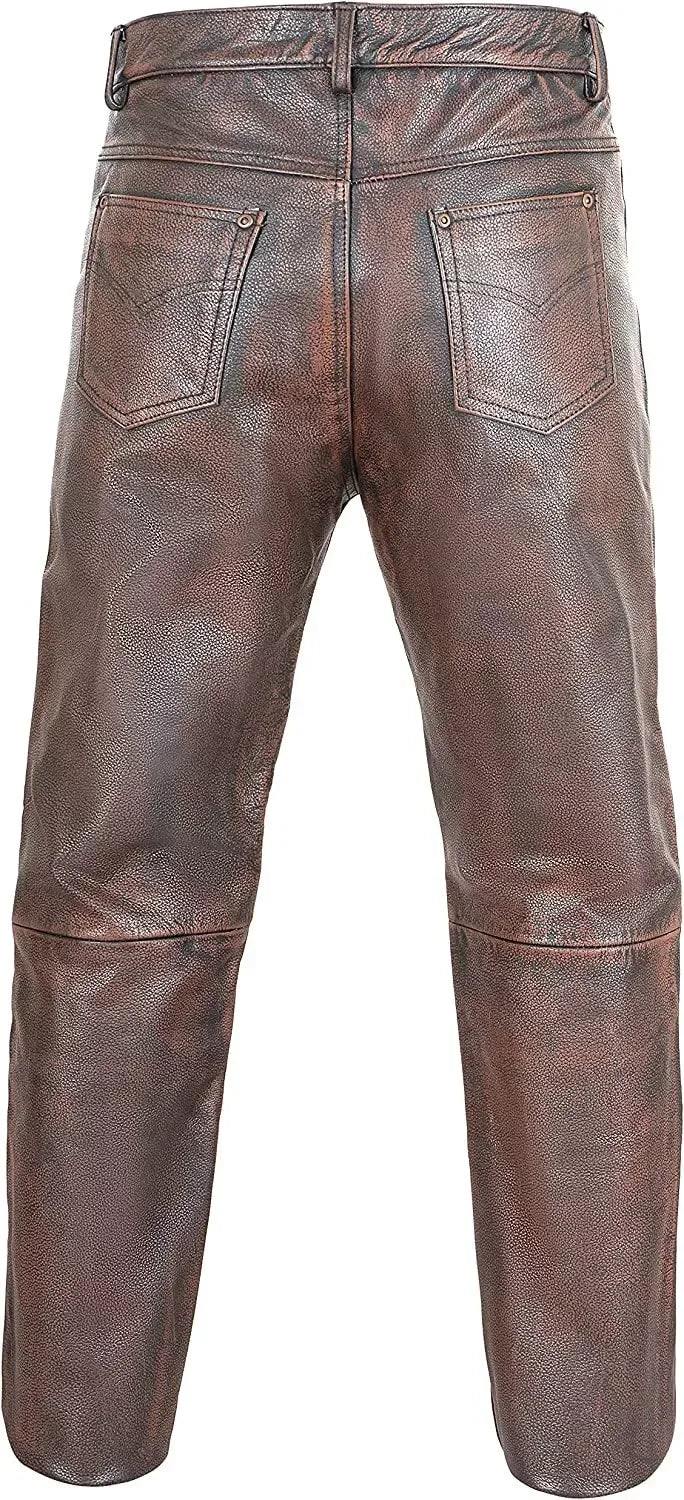 Distressed Brown Leather Pants Men Real Leather Trousers