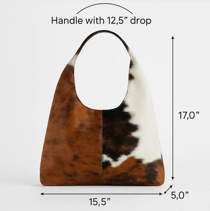 Brown white cowhide shoulder tote bag