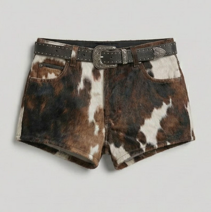 Brown white cowhide mini shorts women real hair leather