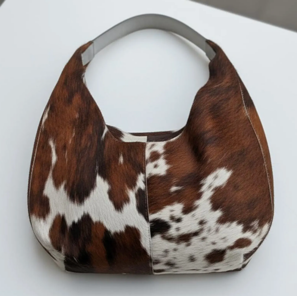 Brown white cowhide hobo shoulder bag for western daily use