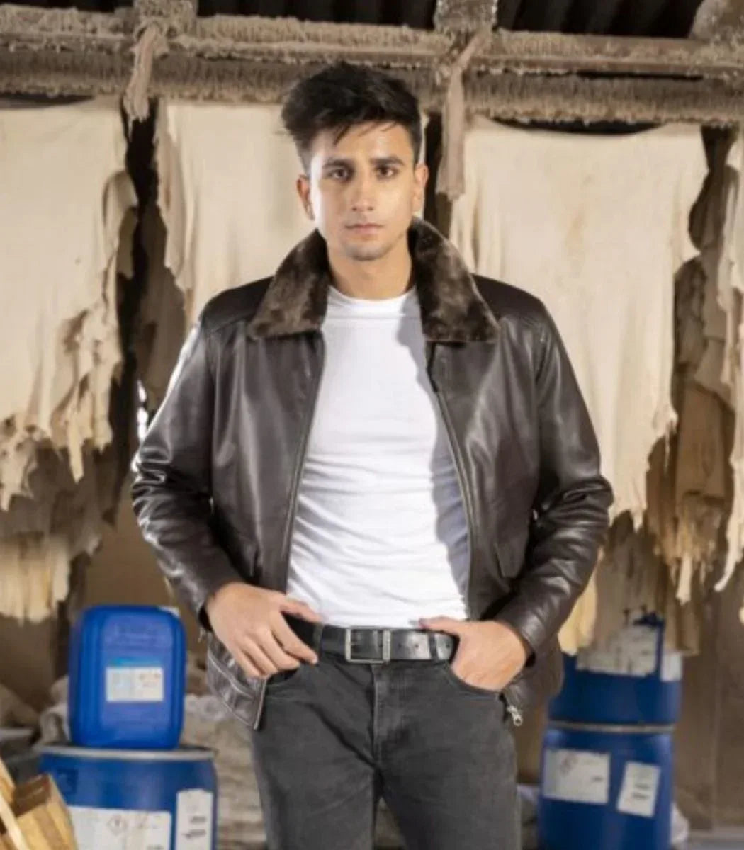 Brown Leather Jacket with Fur Collar – Mens Real Leather Jacket