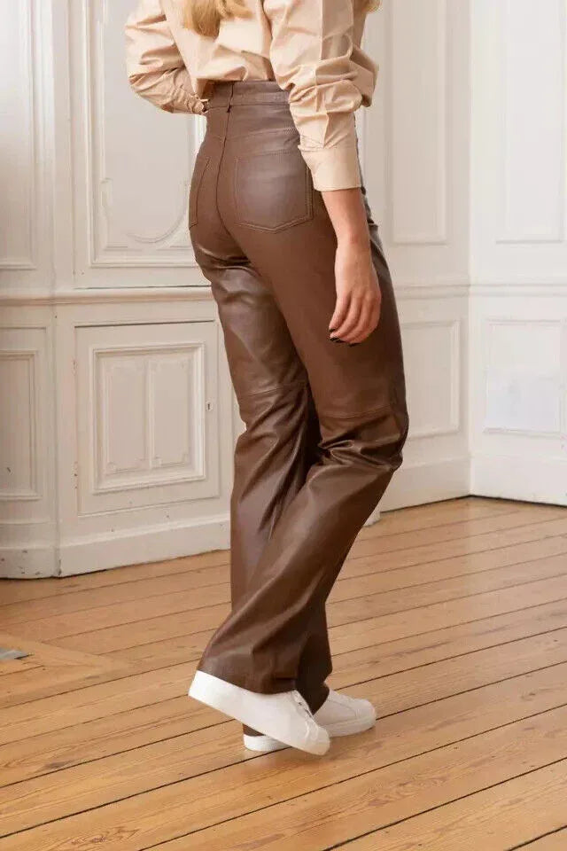 women genuine leather pants brown high waist slim fit lambskin